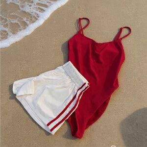 Red Swimsuit and White Shorts Set
